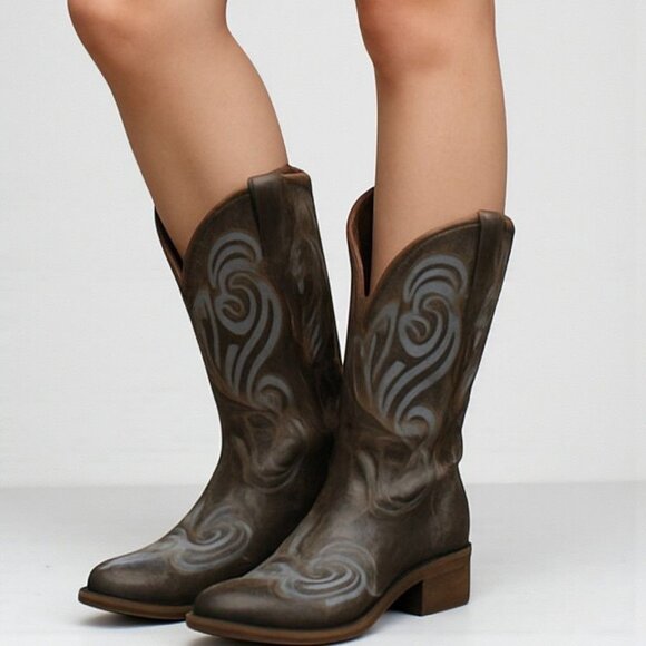 Roper Womens Western Cowgirl Boot Faux Leather VTG Brown Blue Embroidery Scroll - Picture 1 of 16